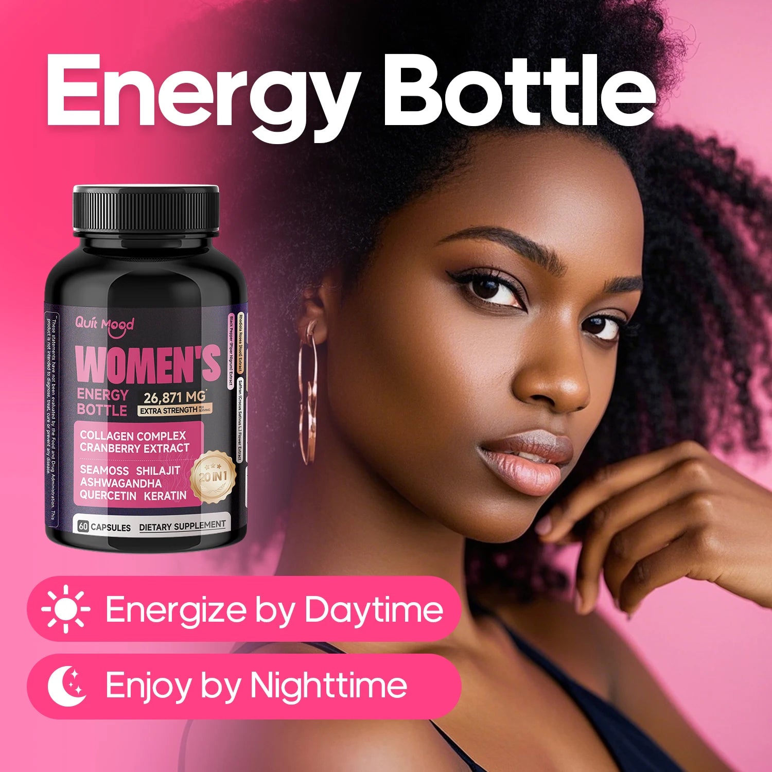 Quitmood Unleash Your Inner Power–Natural Energy for Women to Ignite Vitality, Focus & Stress (60 Capsules) Peaceful Pleasures Health and Wellness