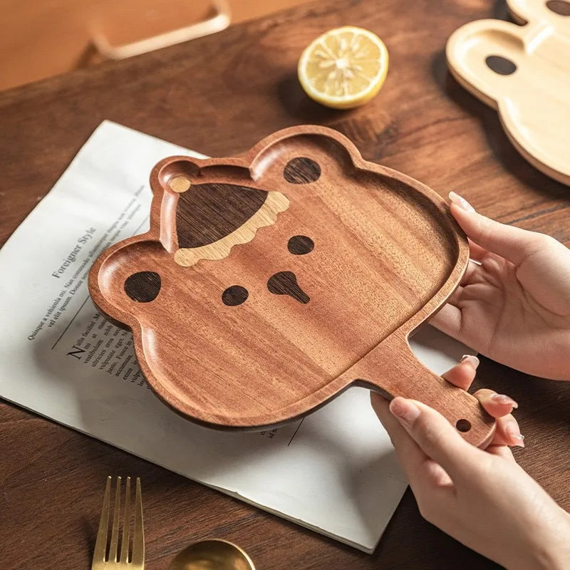 Wooden Cartoon Bear & Rabbit Children’s Serving Tray with Handle | Leaf Shape – Afternoon Tea, Fruit & Dessert