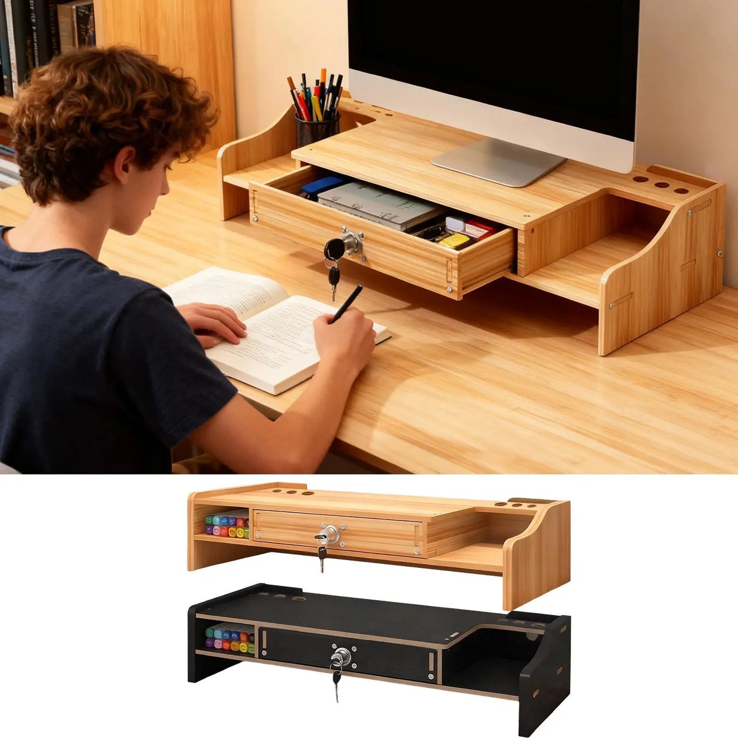Monitor Stand For Desk Wooden Desktop Organizer Shelf With Drawer Desk Shelf Organizer For Laptop Printer PC TV Screen Pen Home Peaceful Pleasures Health and Wellness