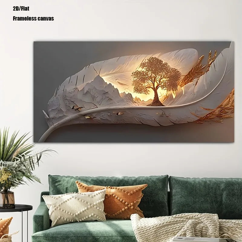 Golden Feather Life Tree Canvas Wall Art | Modern Unframed Poster Canvas Wall Art Peaceful Pleasures Health and Wellness