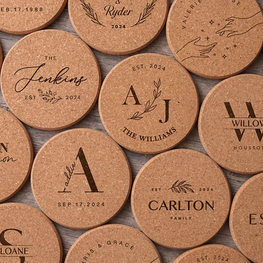 10-Pack Custom Engraved Cork Coasters | Wedding & Party Favors