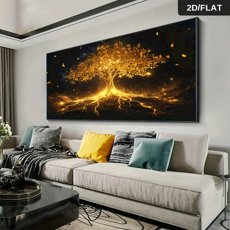 Frameless Modern Abstract Golden Tree of Life Canvas Art Vibrant Wall Decor Elegant Home Decoration Wall Art, Canvas 2D Flat Peaceful Pleasures Health and Wellness