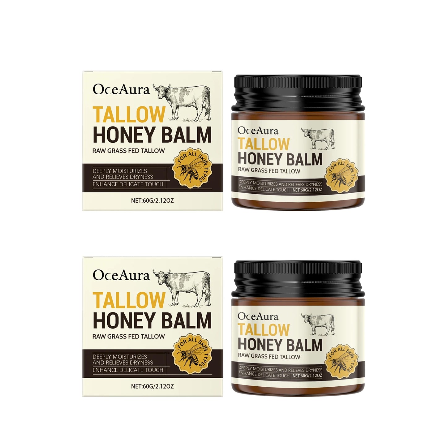 Grass Fed Tallow Honey Balm Nourishing Repair Damaged Skin Fade Fine Lines Improve Dullness Smoothing Glow Soothing Moisturizer Peaceful Pleasures Health and Wellness 120g boxed