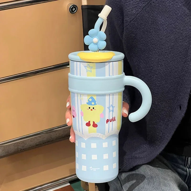 Tumbler with Handle Lid Straw Cute Cat Thermos Cup Stainless Steel Water Bottle Outdoor Travel Coffee Mug Gift Large Capacity Peaceful Pleasures Health and Wellness Blue 1200ml