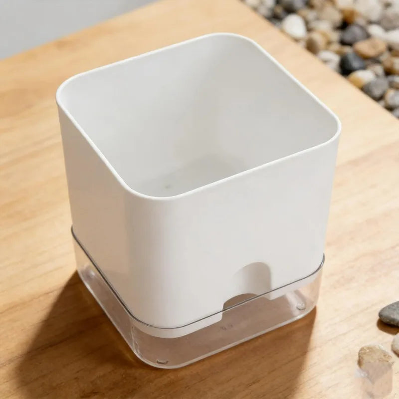 White Square Self-Watering Plant Pot | Double Layer Flowerpot