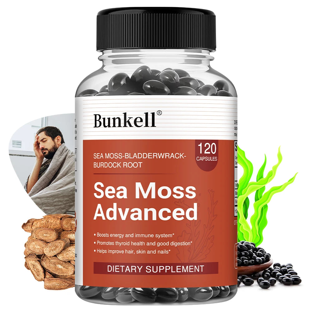 Sea Moss 500mg Capsules 3-in-1 Complex - Irish Moss, Bladderwrack & Burdock Root, Immune, Thyroid, Joint & Gut Support, Vegan Peaceful Pleasures Health and Wellness