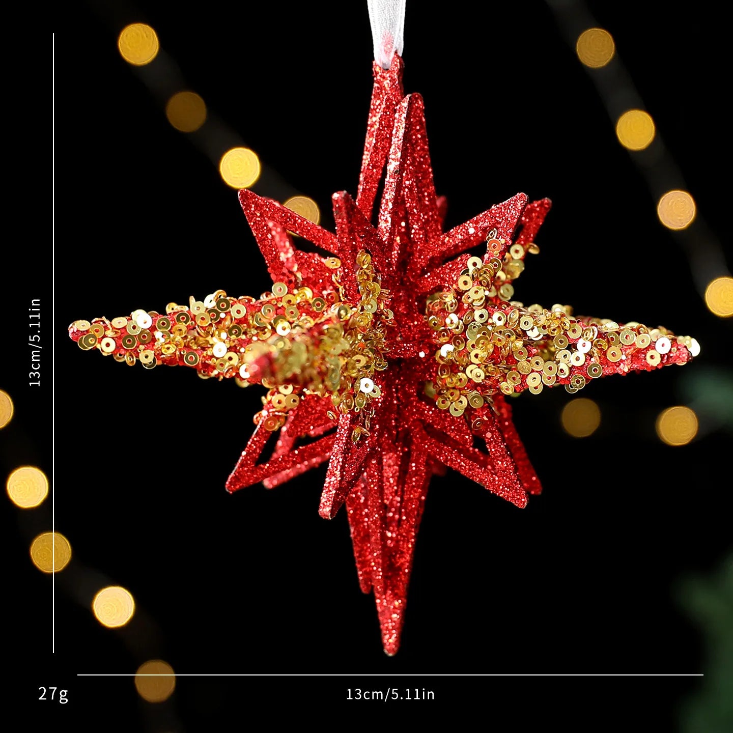 Red Glitter Christmas Tree Pendant – Gold Sequins & Snowflake