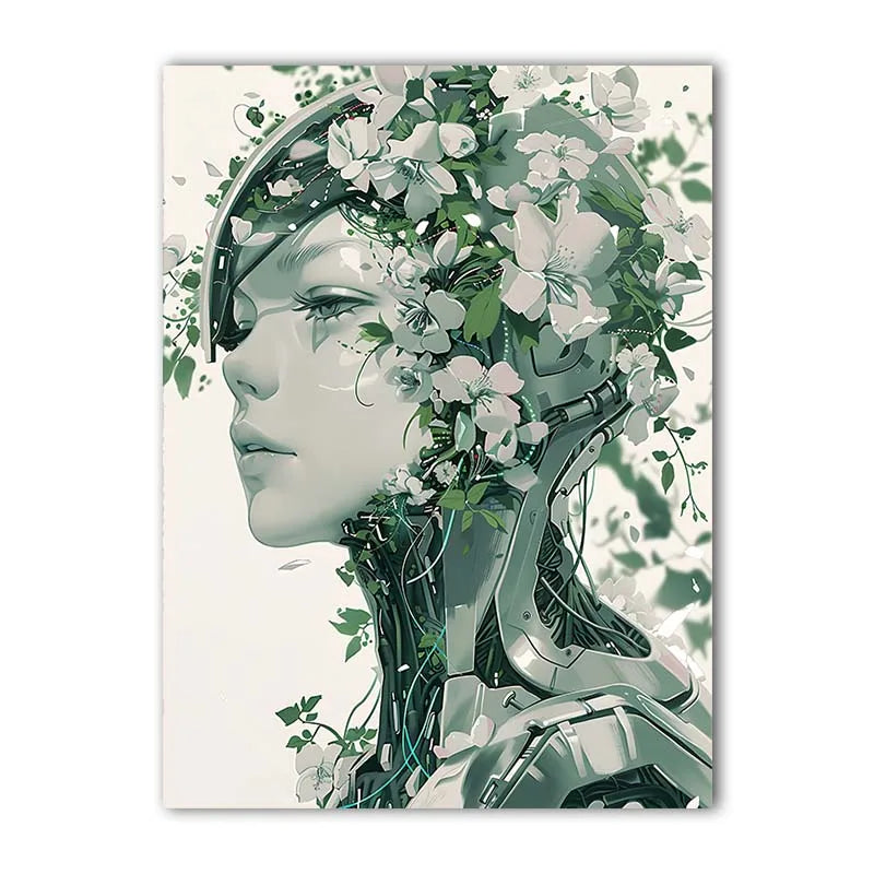 Nordic Robot Girl & Flowers Canvas Wall Art | Modern Poster Print Canvas Wall Art Print Peaceful Pleasures Health and Wellness 06 15x20cm No Frame China Mainland