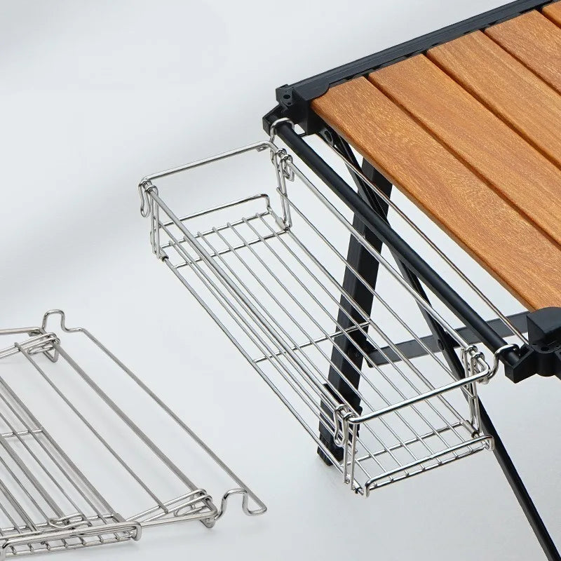 Aluminum Outdoor Table Side Storage Rack Hanging Mesh IGT Table Expansion Bracket Folding Table Extension Basket Folding Rack Peaceful Pleasures Health and Wellness