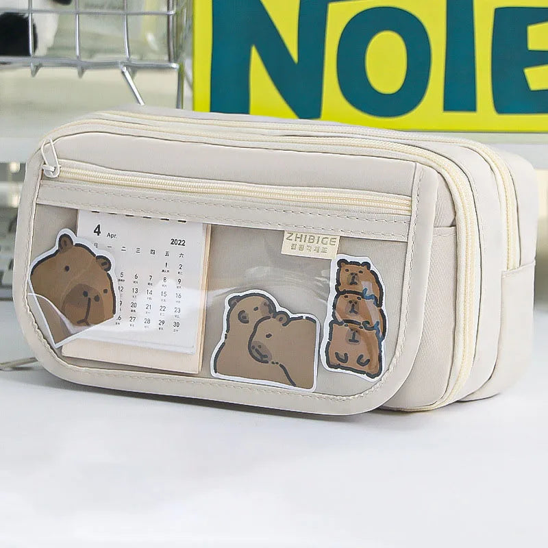 Pink Pencil Case Large Capacity 3 Compartments School Pencils Bag Zipper Pen Pouch Back To School For Girls Stationery Supplies Peaceful Pleasures Health and Wellness Beige
