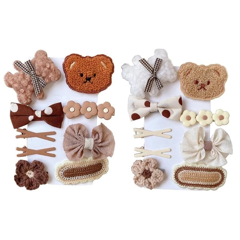 9-Piece Cartoon Bear & Bow Hair Clip Set for Baby Girls