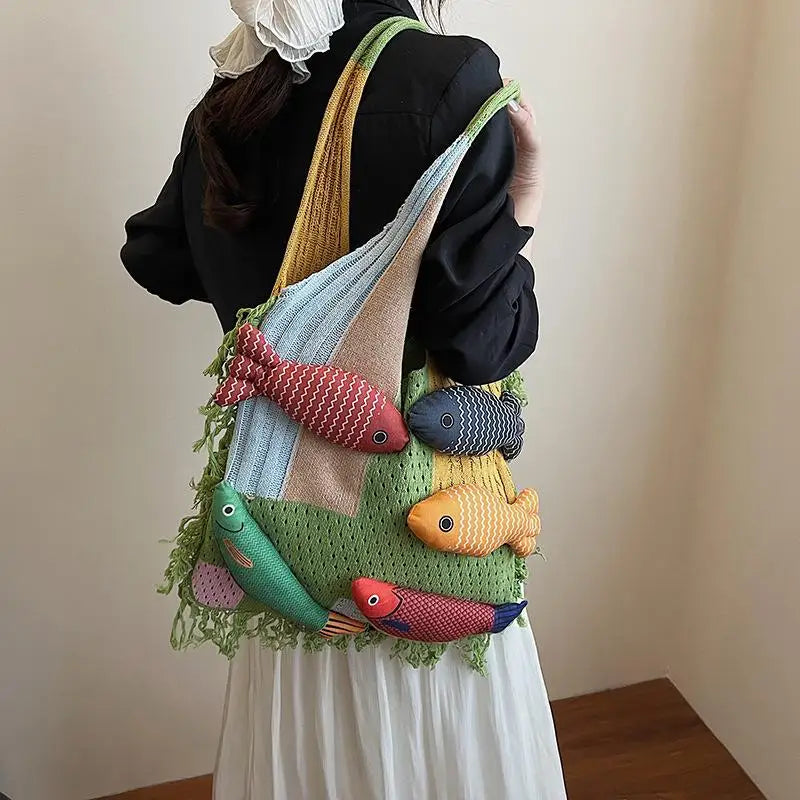 Fish Tassel Knitted Shoulder Bag – Casual Tote for Women & Girls