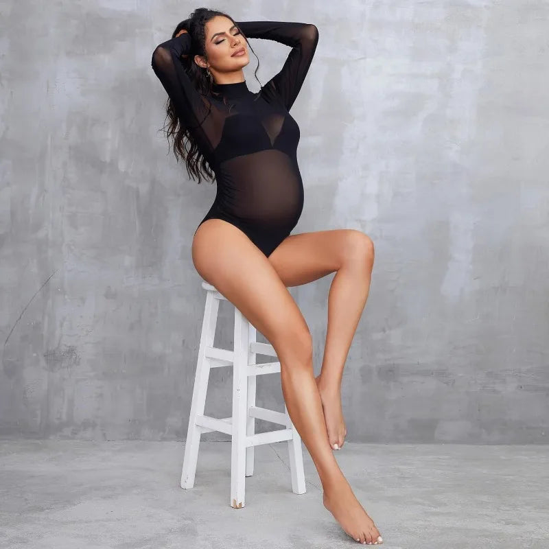 Photoshoot-Ready Sheer Mesh Maternity Bodysuit - Mock Neck, Elegant Design, Photography Outfit for Pregnant Women Peaceful Pleasures Health and Wellness