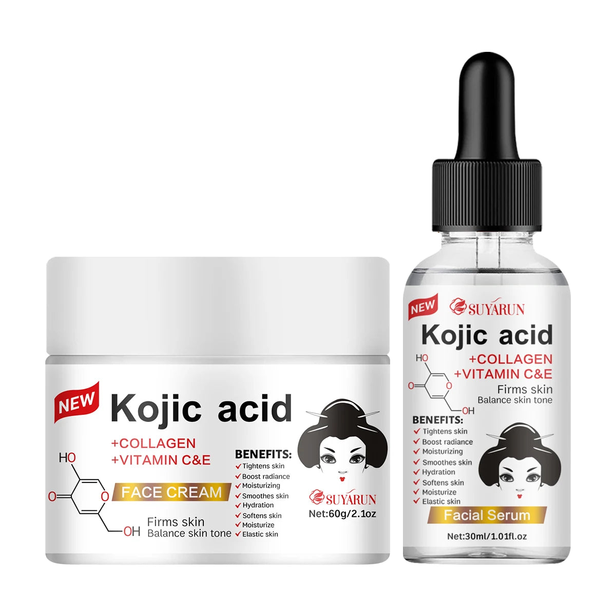 SUYARUN Kojic Acid Serum & Cream Bundle - Brightening Set for Dark Spots, Acne Scars, Anti-Aging | 2-in-1 Skincare Combo. Peaceful Pleasures Health and Wellness 60g-30ml