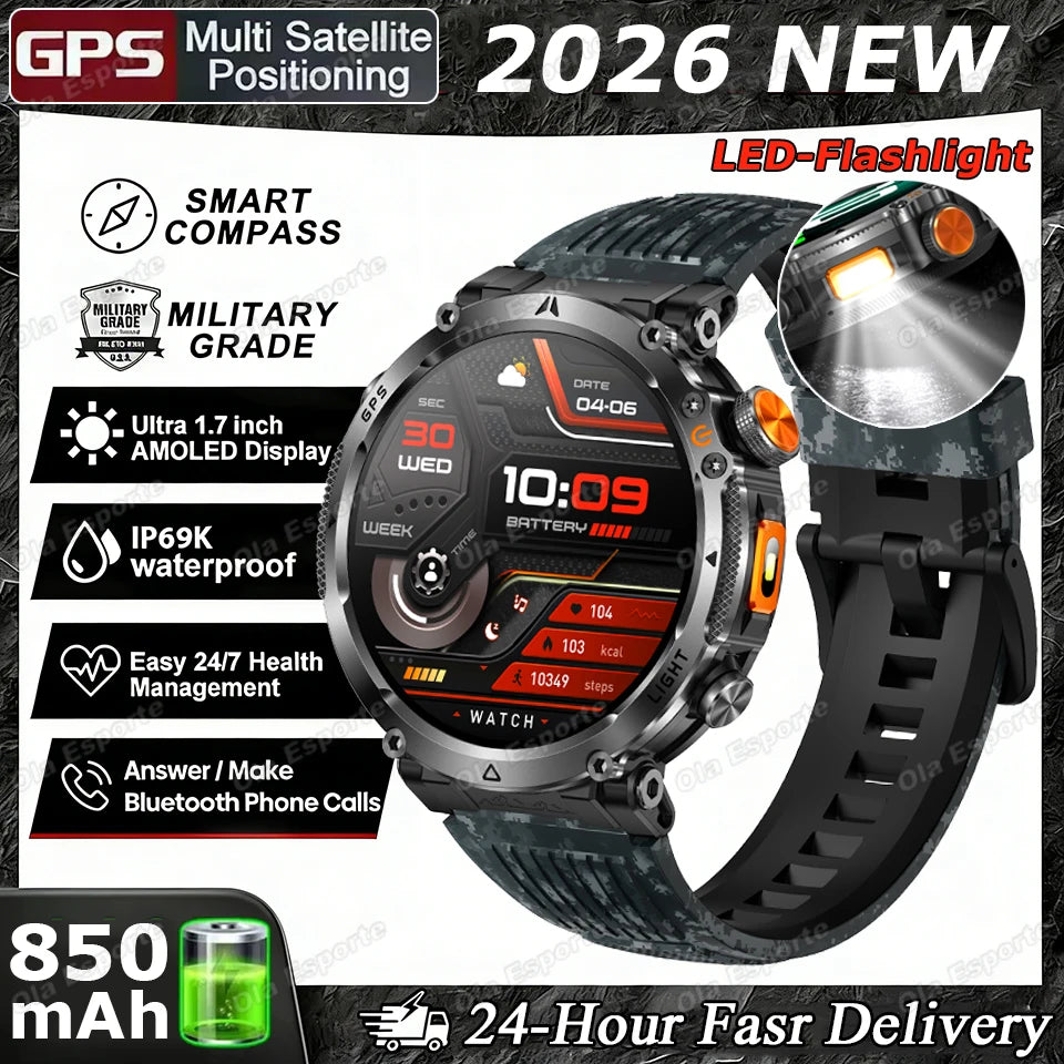 2026 Military Outdoor Smart Watch Men Dual-Frequency High-Precision Positioning Compass Sports IP68 Waterproof GPS Smartwatch Peaceful Pleasures Health and Wellness Bkmicai