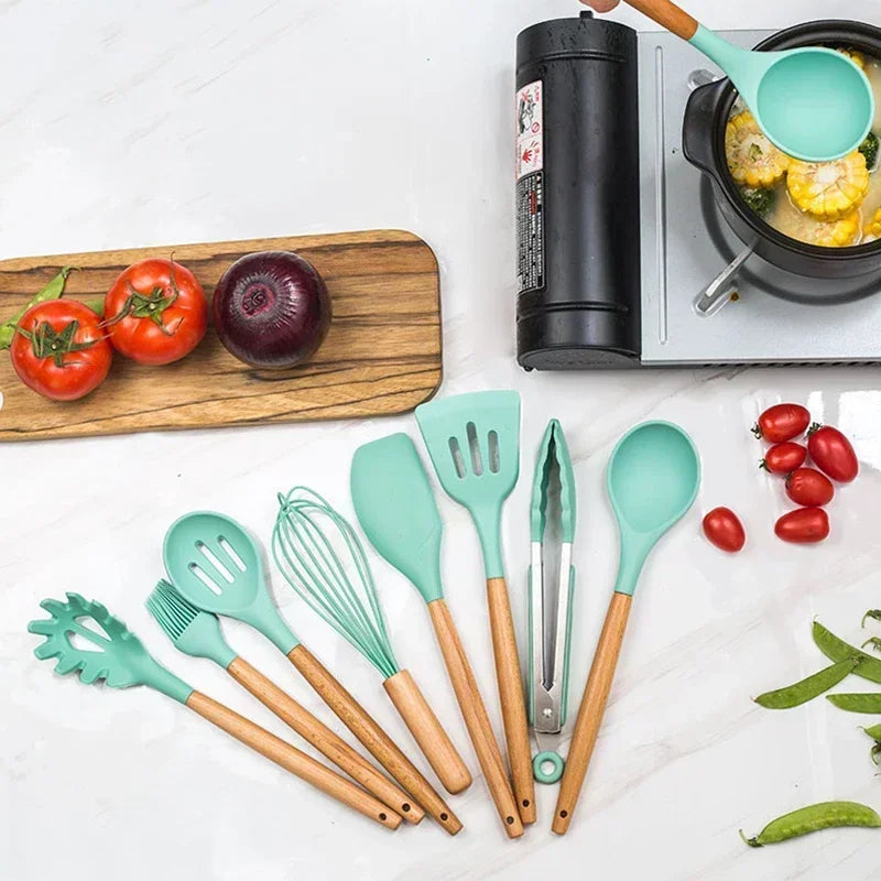 12Pcs Silicone Kitchen Cooking Utensils Set Wooden Handle Cooking Tool Non-stick Cookware Spatula Shovel Egg Kitchenware Beaters Peaceful Pleasures Health and Wellness
