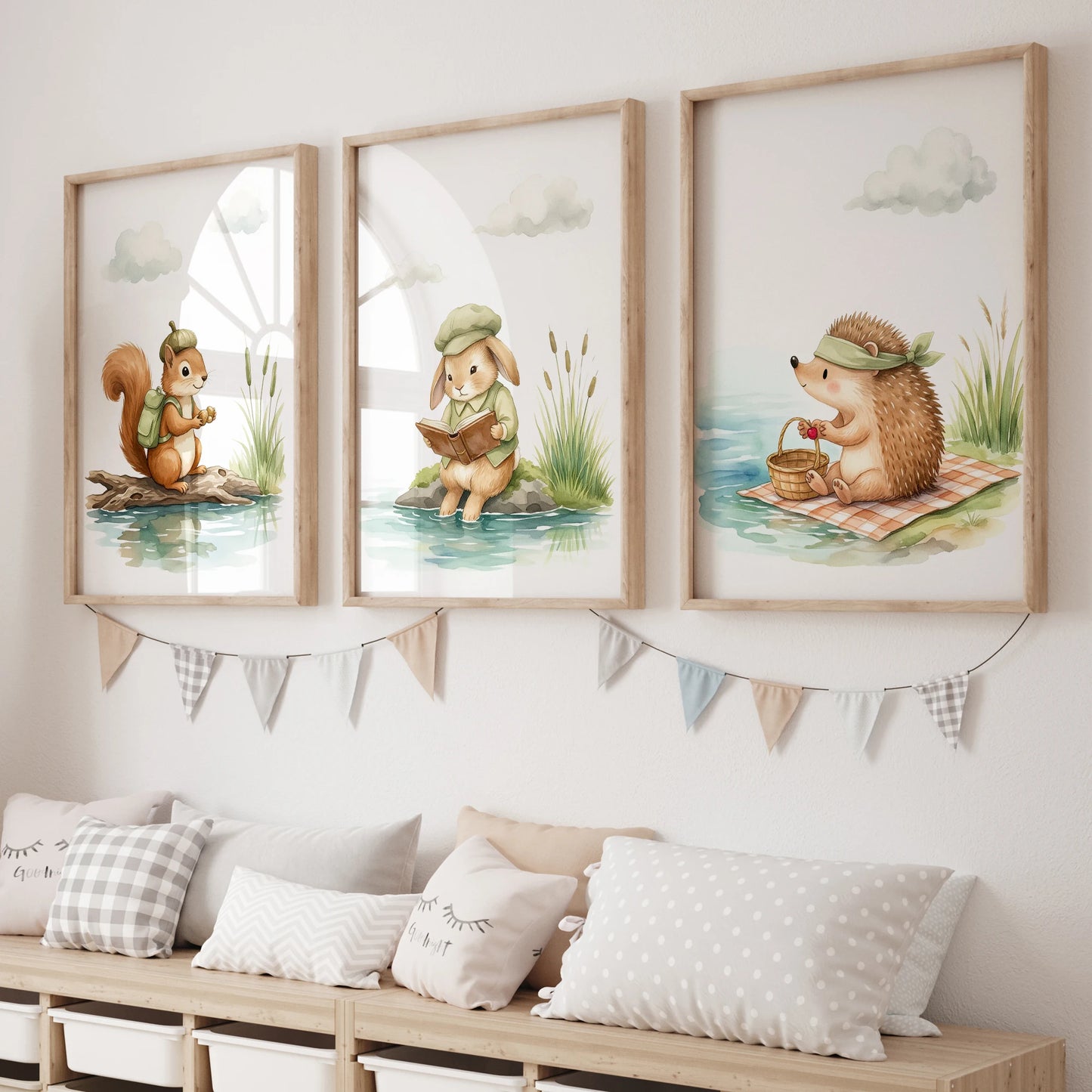 3-Piece Cartoon Animal Canvas Wall Art – Hedgehog Squirrel Rabbit