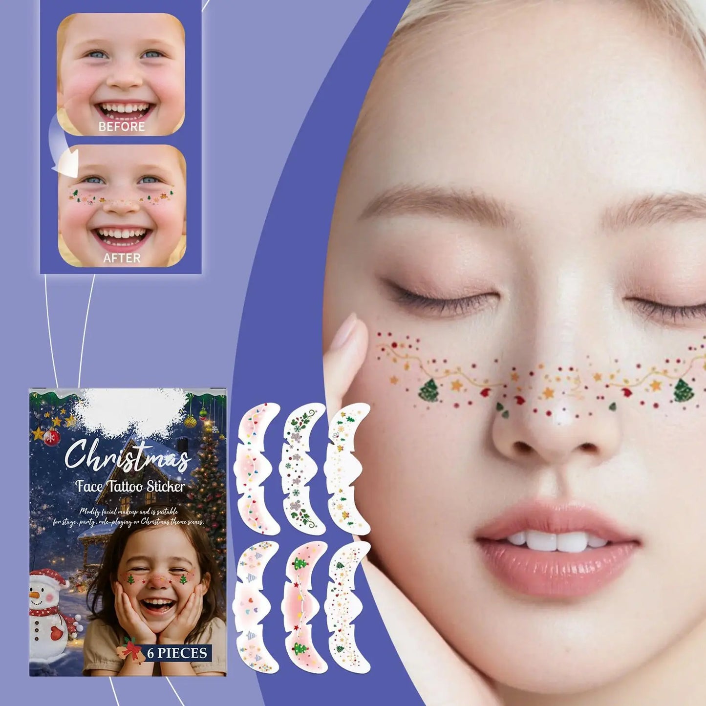 6-Piece Christmas Glitter Freckle Patches & Temporary Face Tattoos