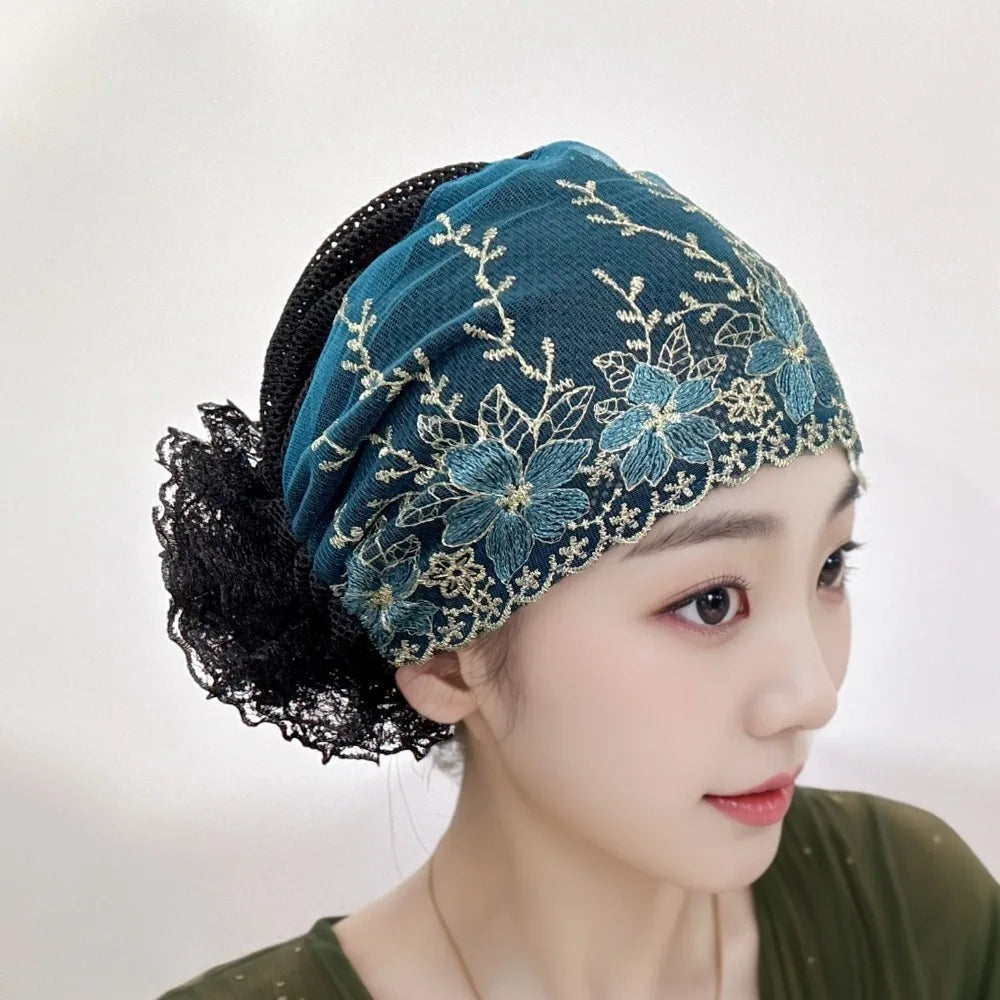 Flower Embroidery Turban Bonnet Hat – Elastic Lace Headscarf