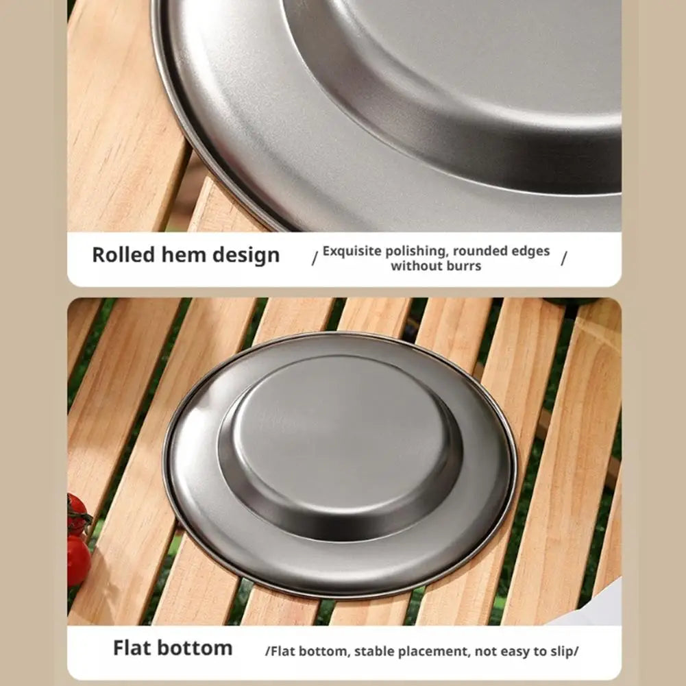 Outdoor Camping Steak Pizza Fruit Cake Snack Deep Disc Anti-overflow Plate Titanium Purified Stainless Steel Dinner Plate Set Peaceful Pleasures Health and Wellness