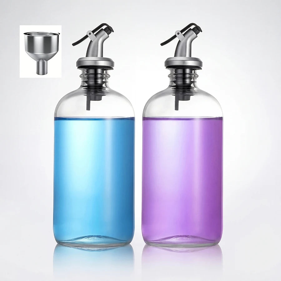 2pcs Refillable Mouthwash Dispenser Bottles – 16oz Clear 500ml Bathroom Containers with Pour Spout & Funnel