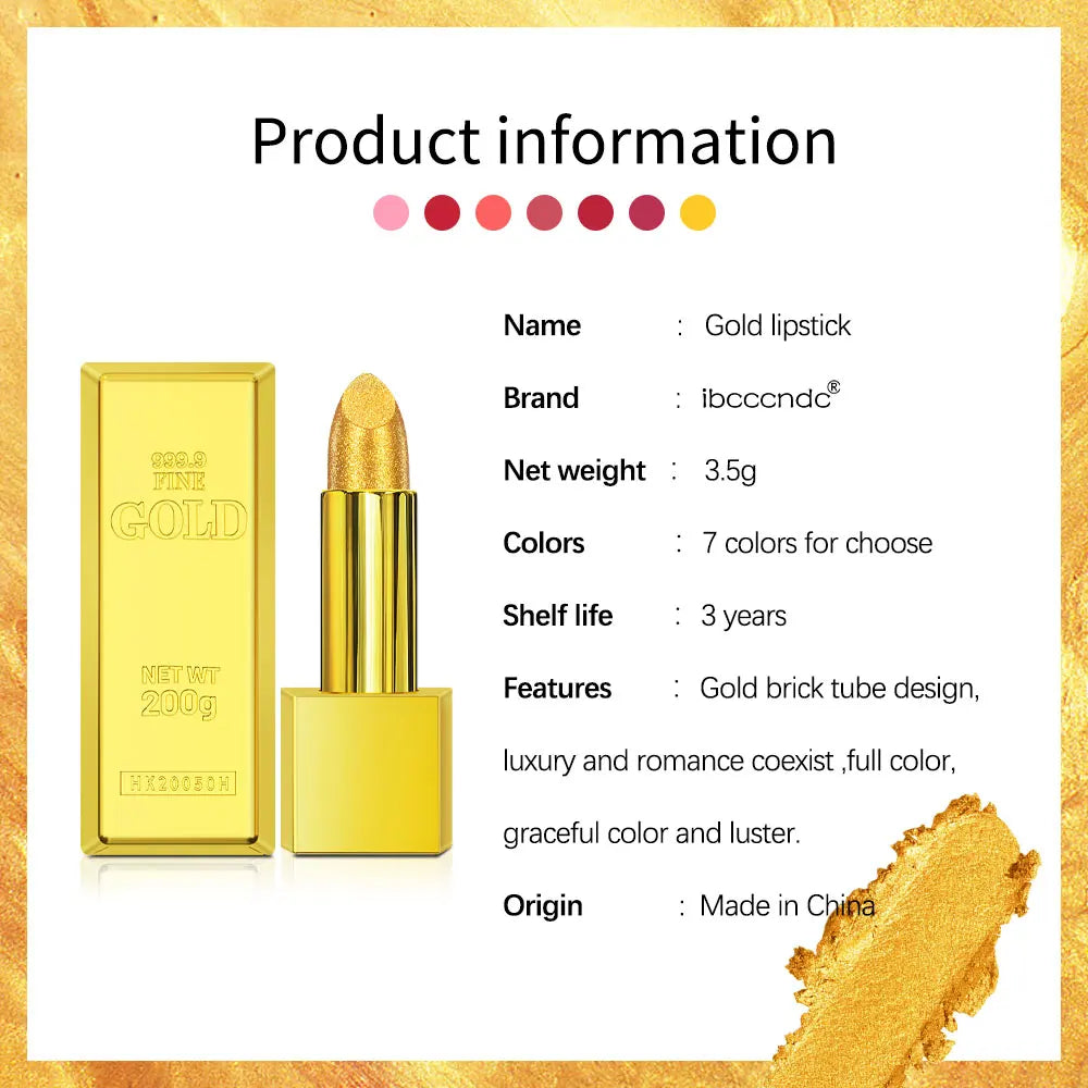 Glitter Sexy Lipstick Shimmer Gold Lipstick Long Lasting Waterproof Cosmetic Gold Brick Tube Valentine's Day Gift For Woman Peaceful Pleasures Health and Wellness