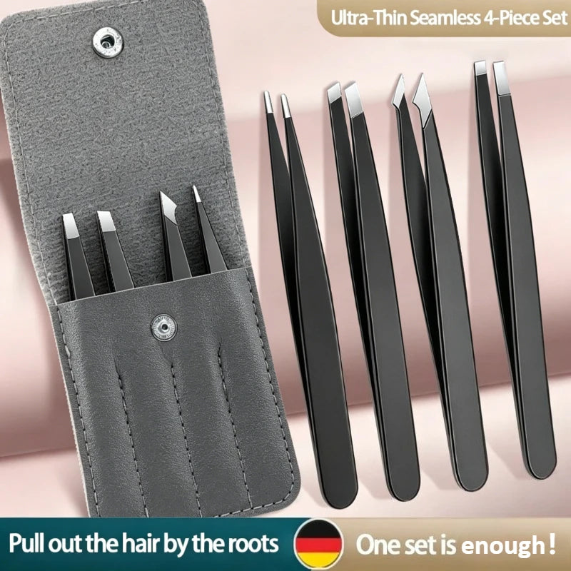 4-Pack Stainless Steel Precision Tweezers Set | Eyebrow & Lash