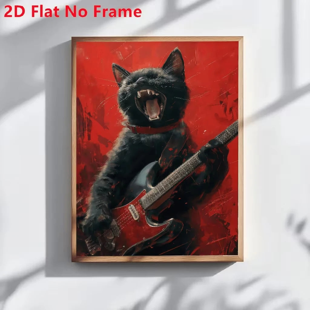 Black Cat Playing Guitar Canvas Wall Art | Rock Music Print