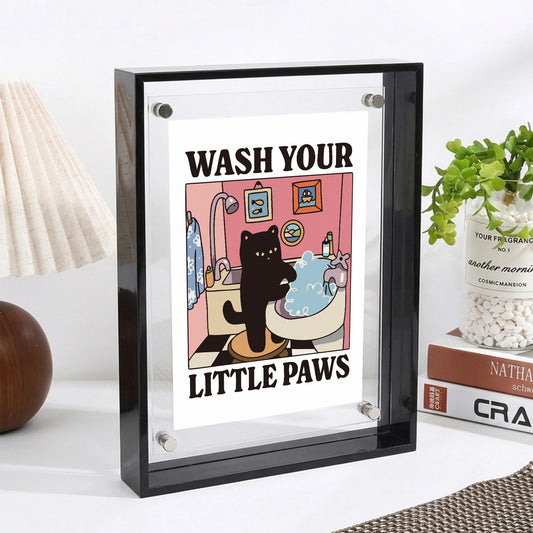 Black Cat Wash Hands Acrylic Picture Frame | Wall Decor Decorative Picture Frame Peaceful Pleasures Health and Wellness G2638-2-Black Framed 16x21cm