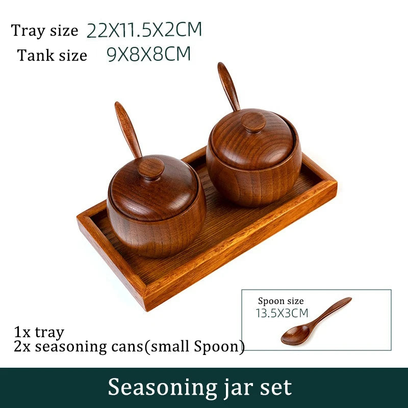 Wooden Seasoning Jar Creative Kitchen Retro Salt Sugar Pot Seasoning Storage Jar With Lid Spoon Wooden Tray Storage Containers Peaceful Pleasures Health and Wellness 3pc small tray set