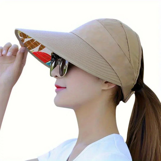 Women's Wide Brim Visor Hat – Foldable Lightweight Beach Cap Wide Brim Visor Hat Peaceful Pleasures Health and Wellness Beige