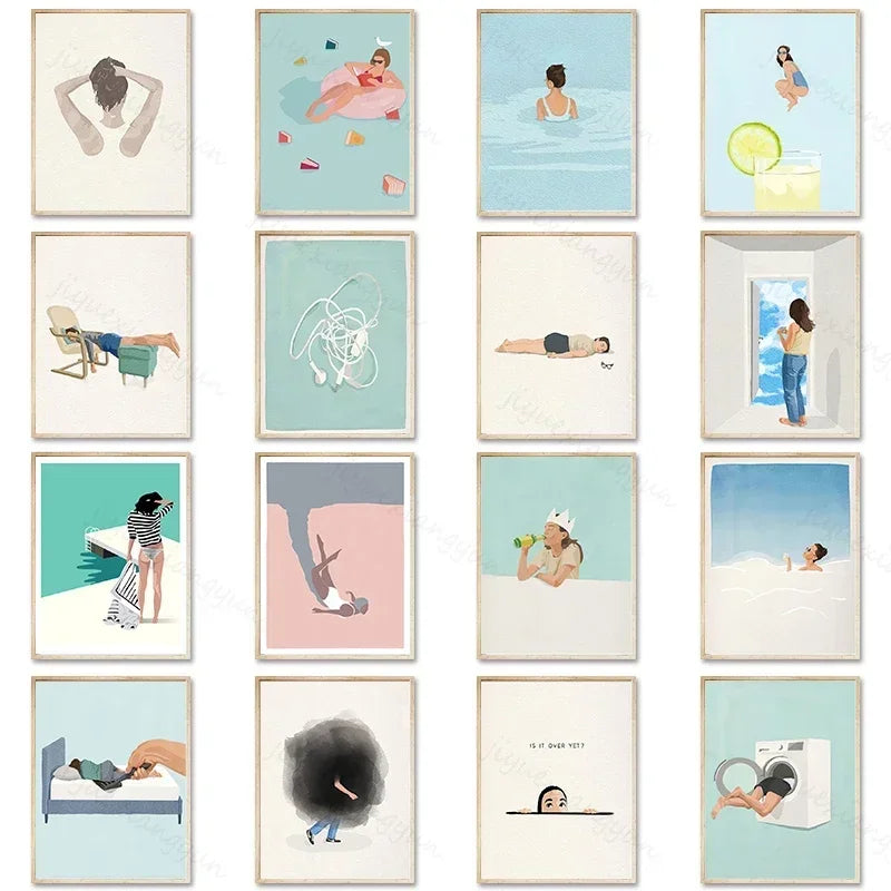 Swimming Girl Abstract Canvas Wall Art | Minimalist Home Decor