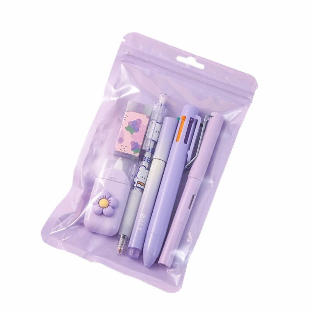 6Pcs/Set Cartoon School Stationery Set 6 Color Pens Large Capacity Student Tools Gift Kit Book Marker Pen Cartoon Stationery Set Peaceful Pleasures Health and Wellness Purple