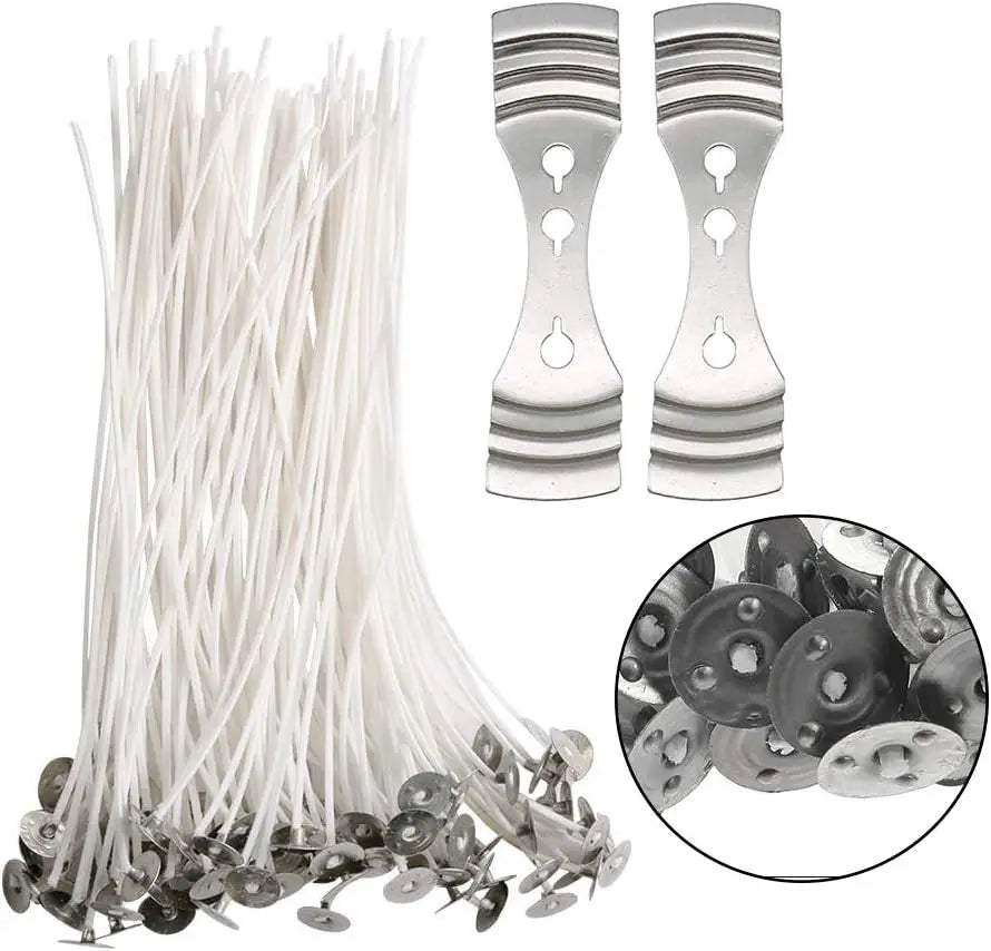 50 Pre-Waxed Candle Wicks with Metal Tabs & Wick Holders