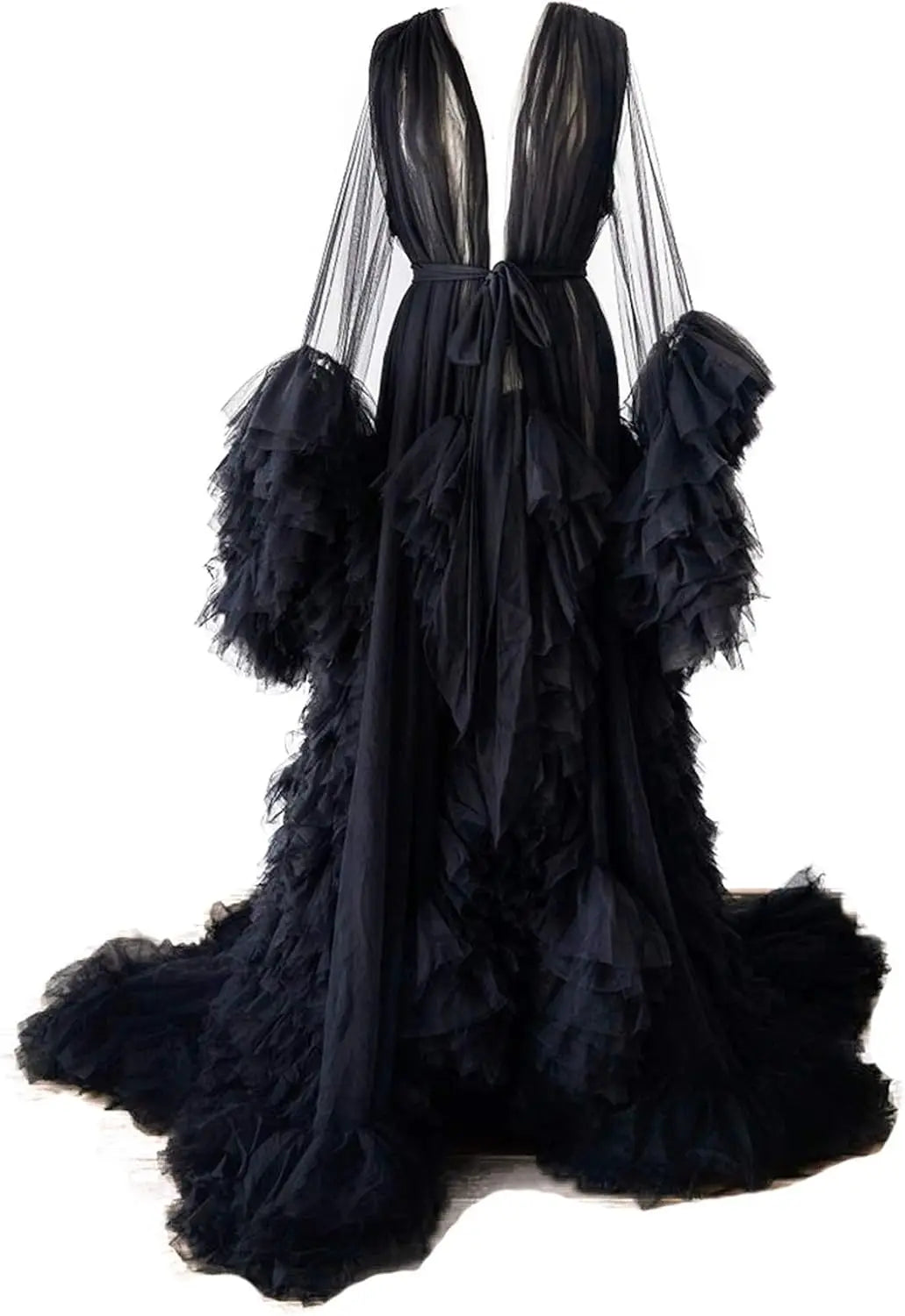 Photoshoot-Ready Tulle Maternity Gown - Puffy Ruffles, Bridal Style, Long Lingerie Dressing Robe for Pregnancy Peaceful Pleasures Health and Wellness Black US 2
