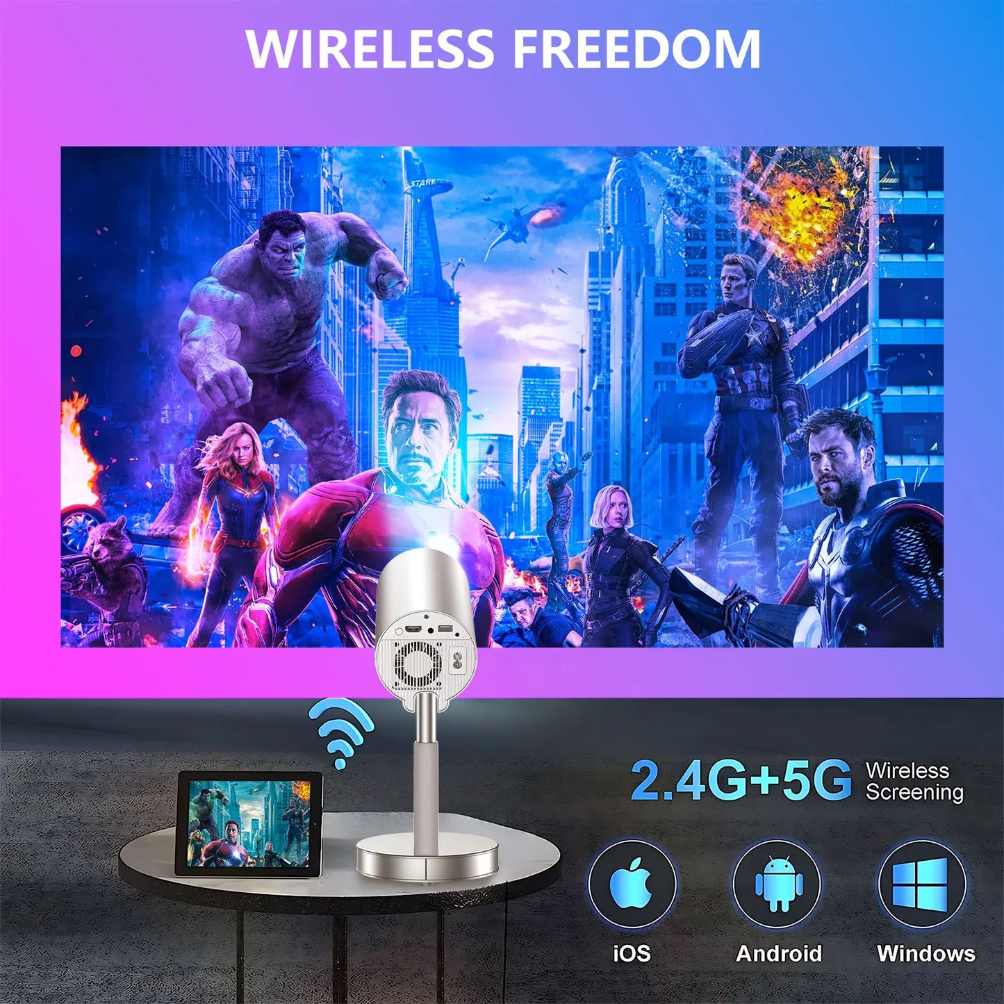 Portable Android Projector 90°Adjust Stand Hight Adjustable Dustproof 1080p Support 4K WiFi and Bluetooth (Mini TS3) Peaceful Pleasures Health and Wellness