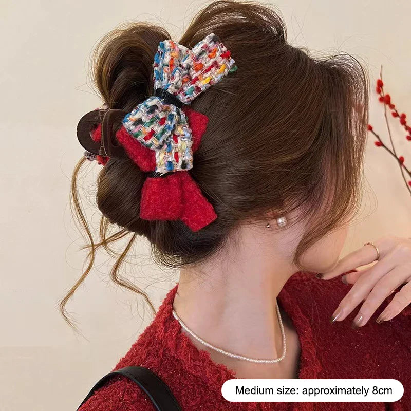 Retro Double Bow Color-Block Large Shark Hair Clip for Women