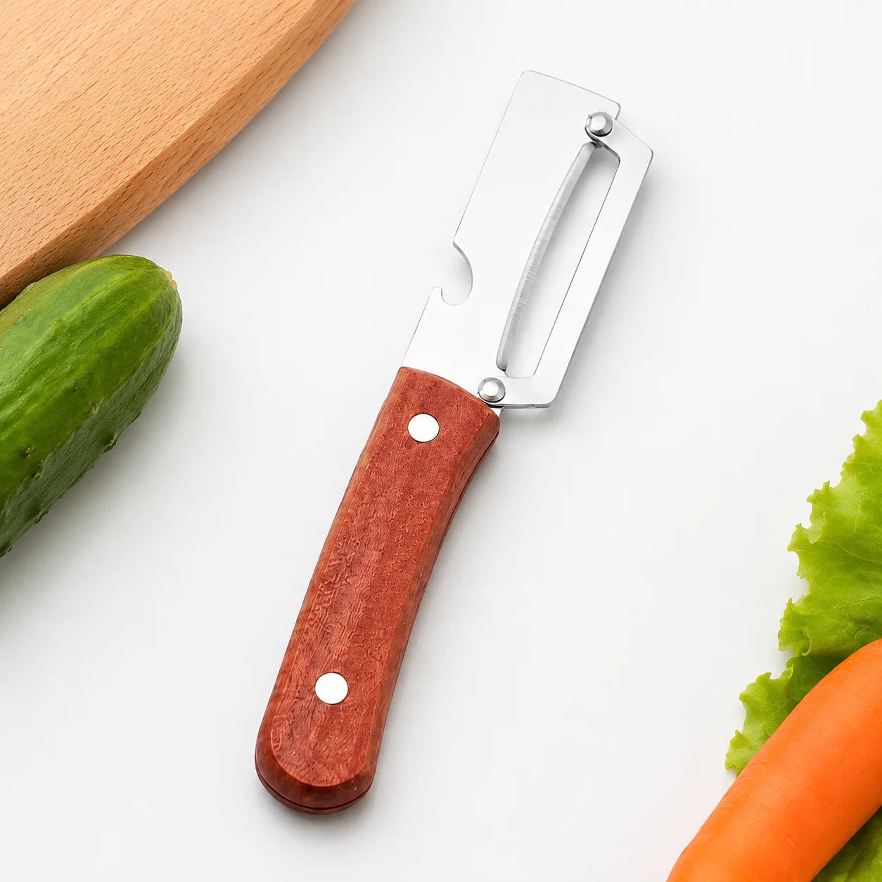 Stainless Steel Vegetable Peeler with Wooden Handle & Bottle Opener