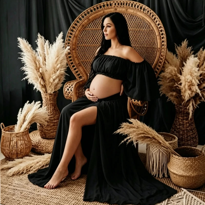 Two-Piece Maternity Photoshoot Dress, Off Shoulder Chiffon Crop Top + Flowing Maxi Skirt, Baby Shower Gown for Pregnant Women Peaceful Pleasures Health and Wellness 3XL black
