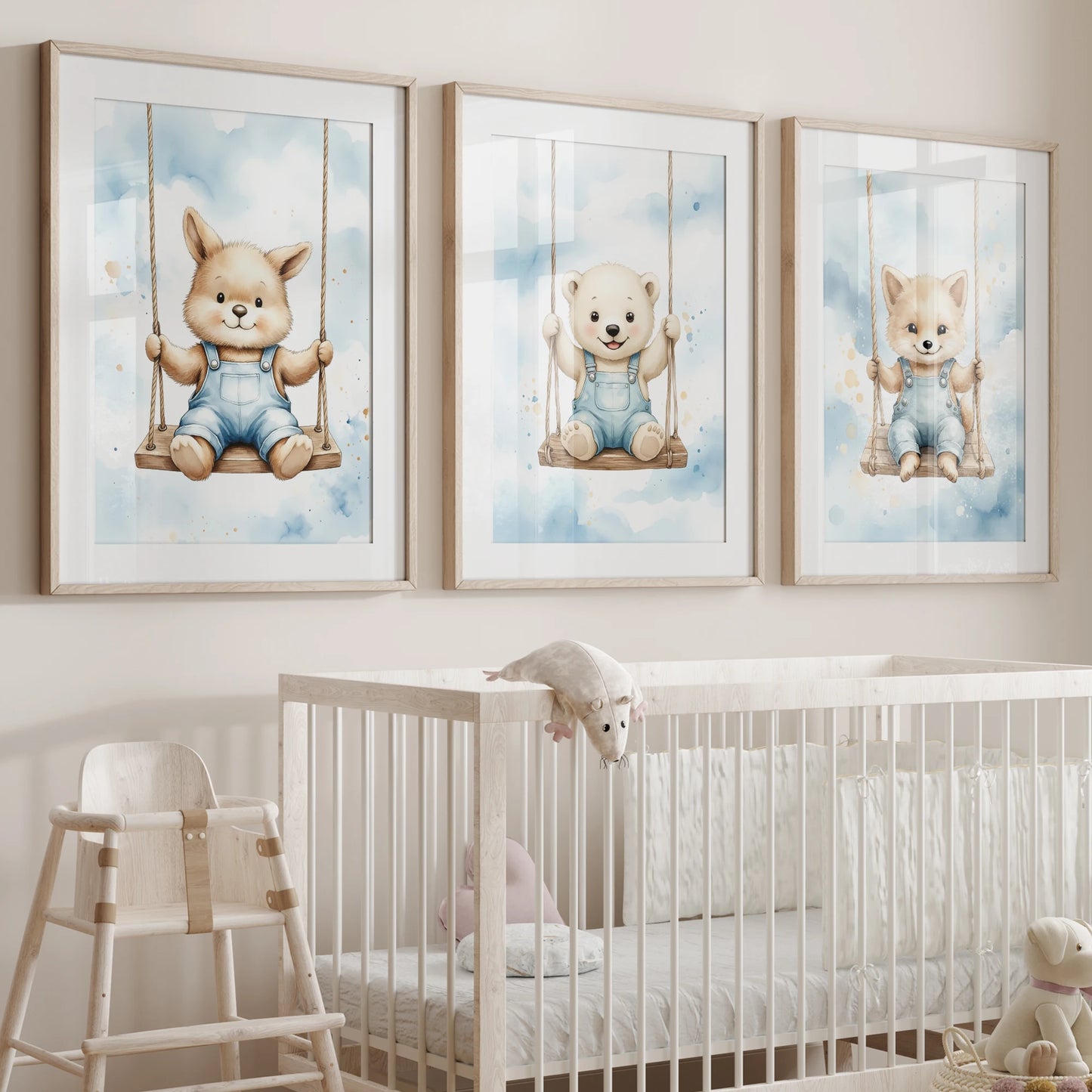 Cartoon Animals Watercolor Canvas Wall Art for Kids Room Decor