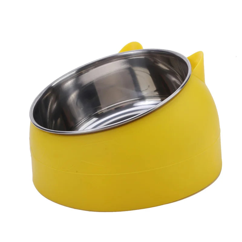Cat Dog Bowl 15 Degrees Tilted Stainless Steel Cat Bowl Safeguard Neck Puppy Cats Feeder Non-slip Crashworthiness Pet Bowl Peaceful Pleasures Health and Wellness Yellow L