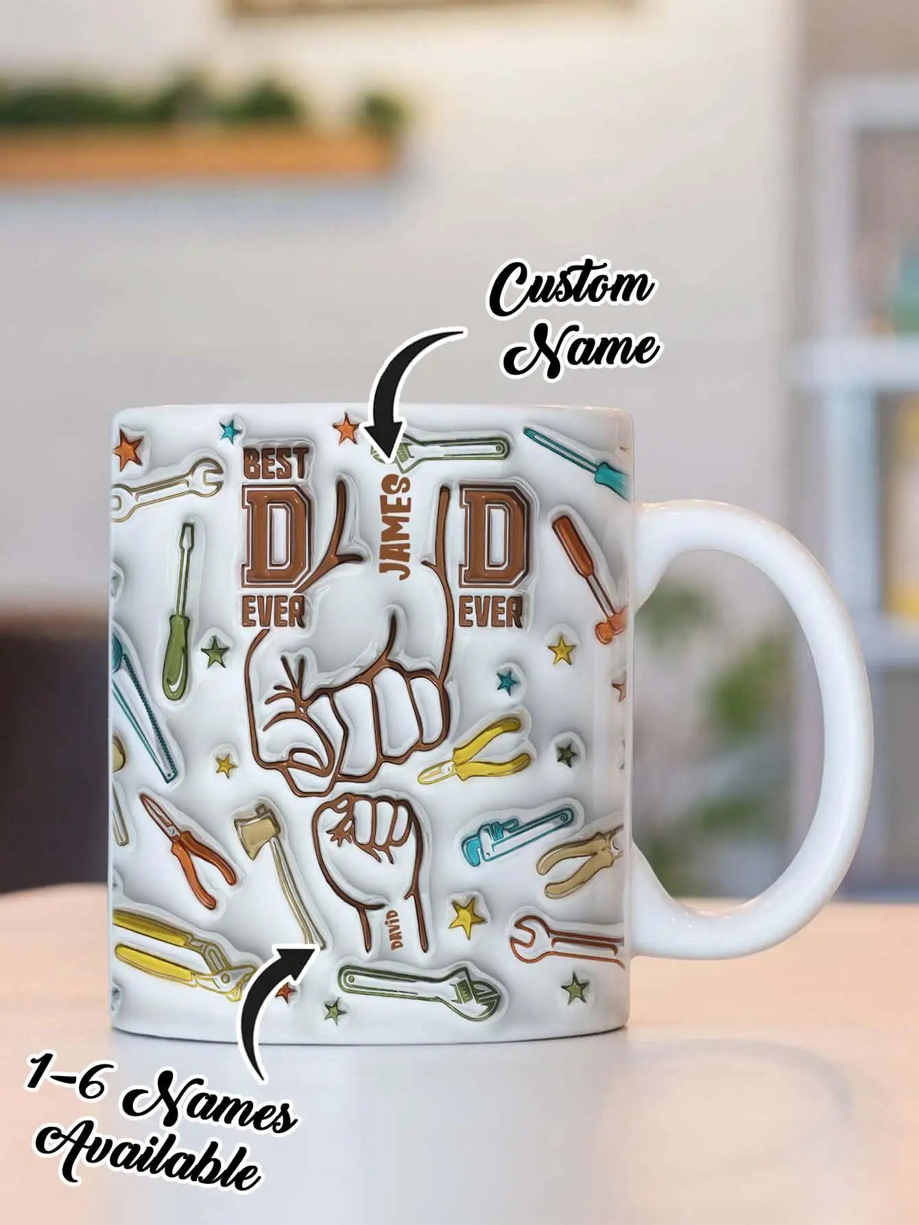 Personalized Dad Mug for Father's Day Custom Name Coffee Cup with 3D Text Effect Custom Name Coffee Cup Gift for Daddy Grandpa Peaceful Pleasures Health and Wellness Style 3 5 names