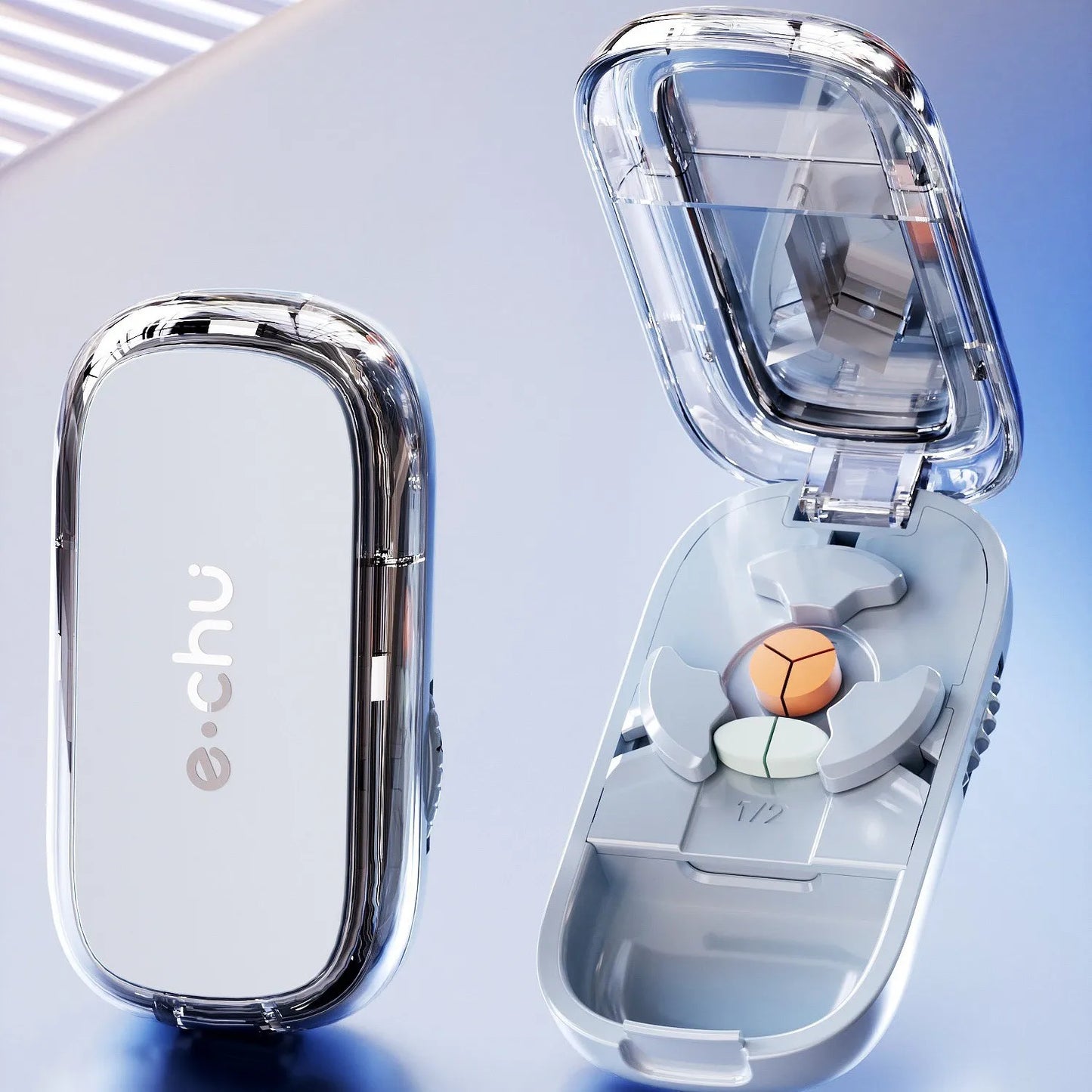 Multi- Functions Pill Cutter Portable Drug Tablet Storage Box 1/3, 2/1, 4/1 Pill Splitter Medicine Dustproof Divider Organizer Peaceful Pleasures Health and Wellness one third Blue China Mainland
