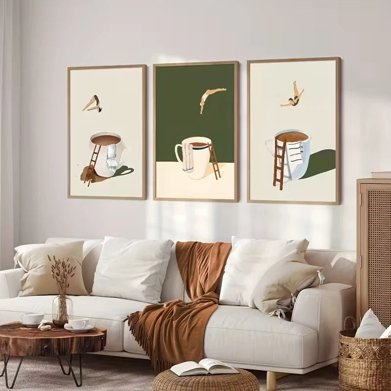 3-Piece Funny Coffee Diver Canvas Wall Art Print | Home Decor