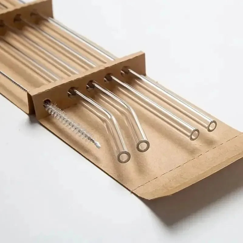 Reusable Heat-Resistant Glass Straws Set – 4 Straws + Cleaning Brush for Smoothies, Tea & Juice