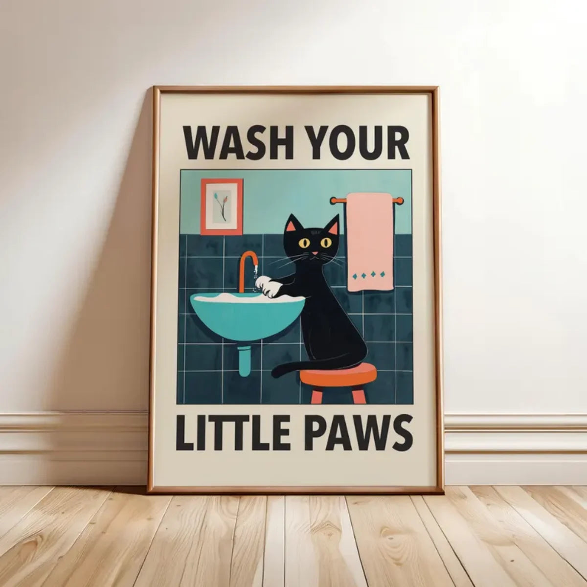 Funny Cat "Wash Your Paws" Canvas Wall Art | Bathroom Decor