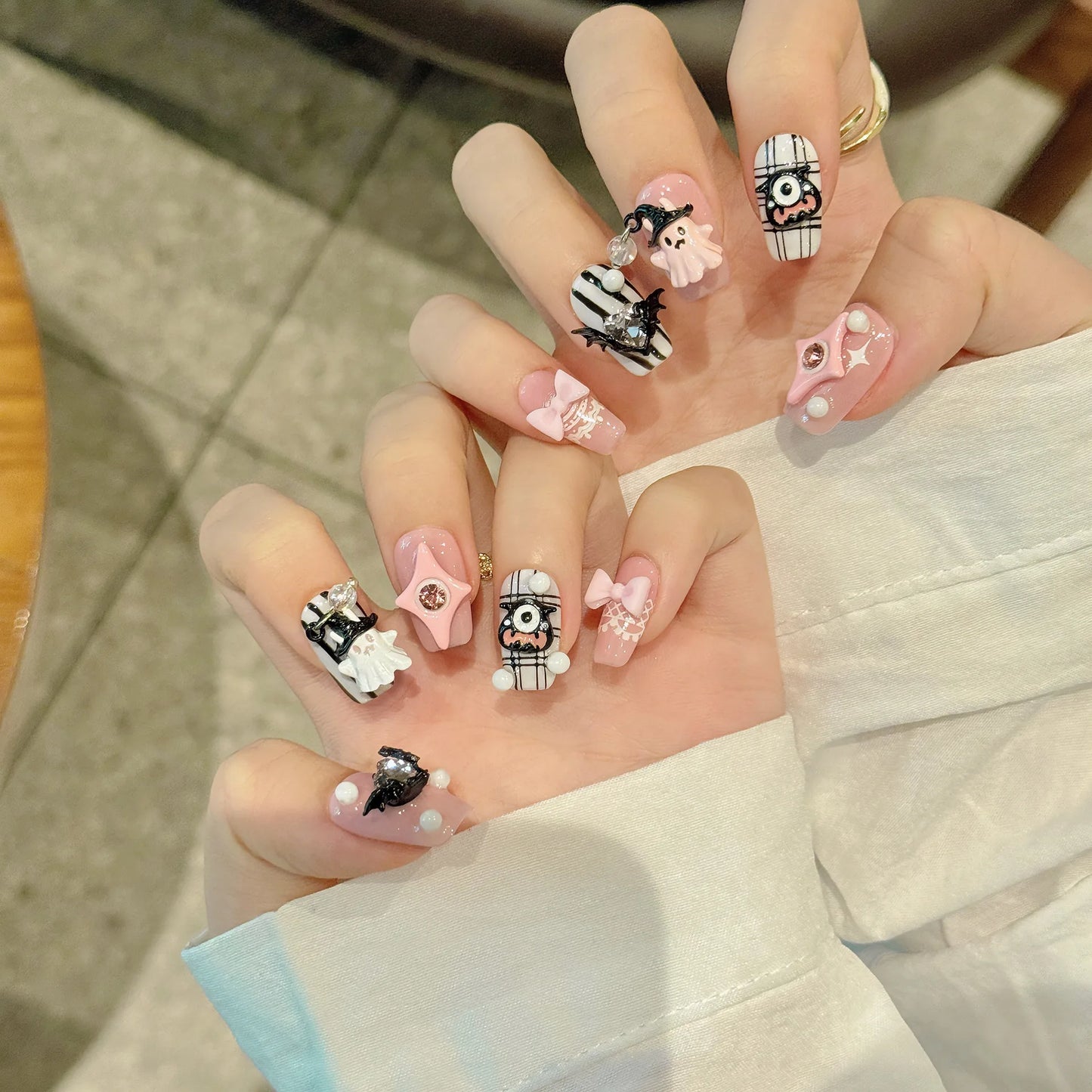 Halloween Press-On Nails Black & Pink Devil Ghost | Short
