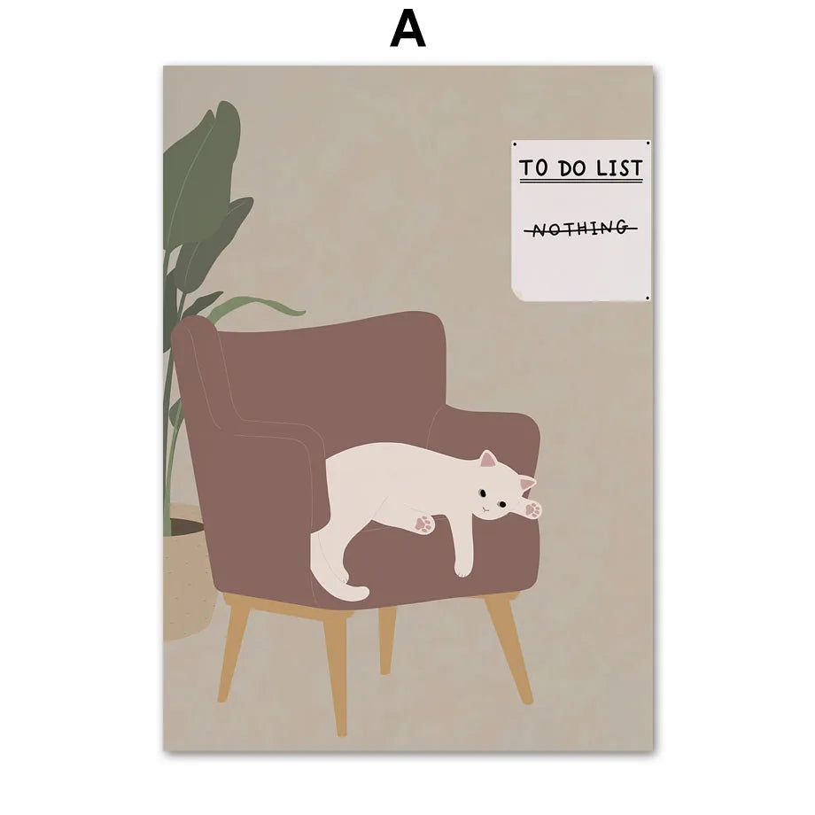 Boho Cat Canvas Wall Art | Cute Kitten Plant Neutral Print