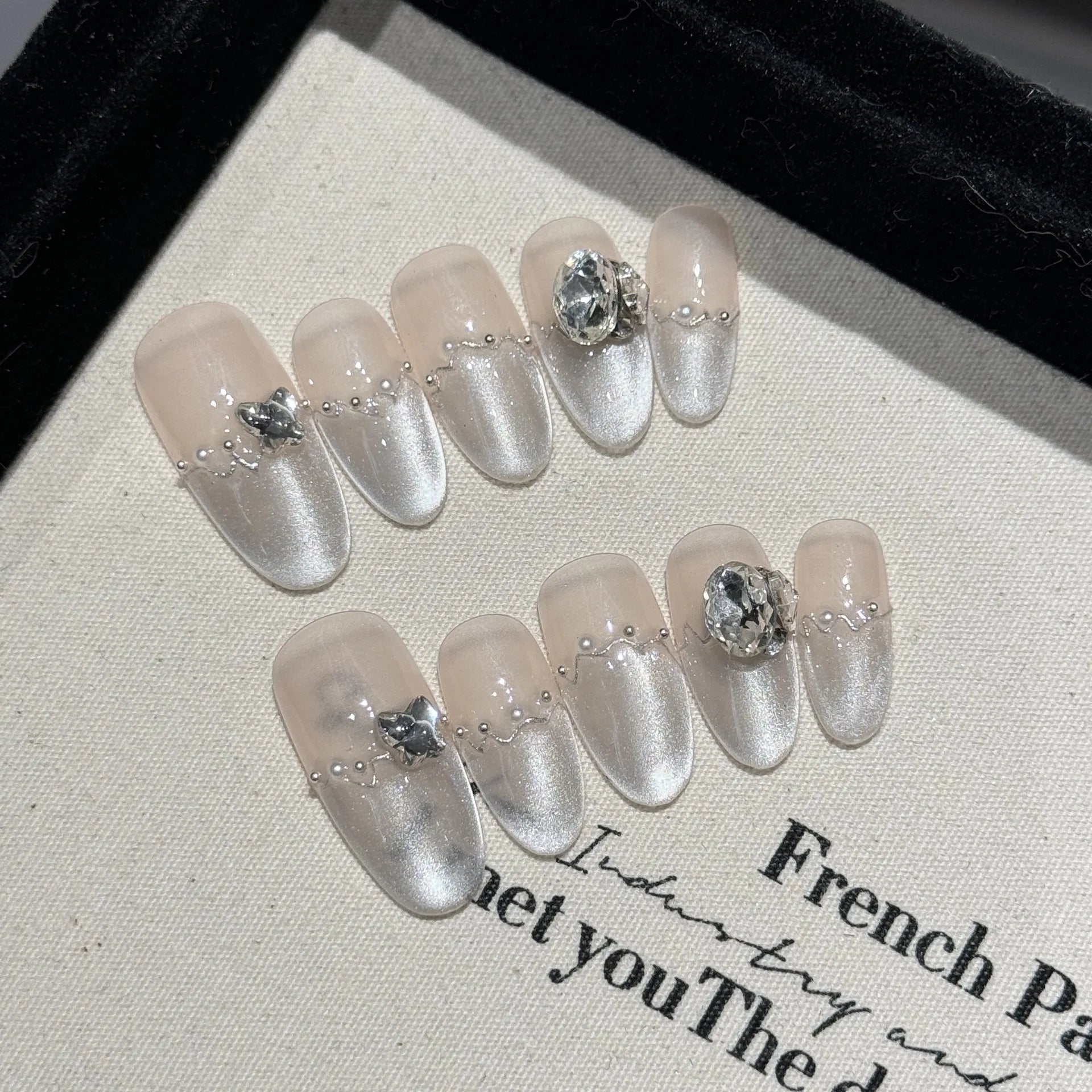 Handmade Press on Nails Aurora Blue French Pearl Crystal Fake Nails Wearable Full Cover Almond Sweet Pink Blush False Nails Peaceful Pleasures Health and Wellness XS