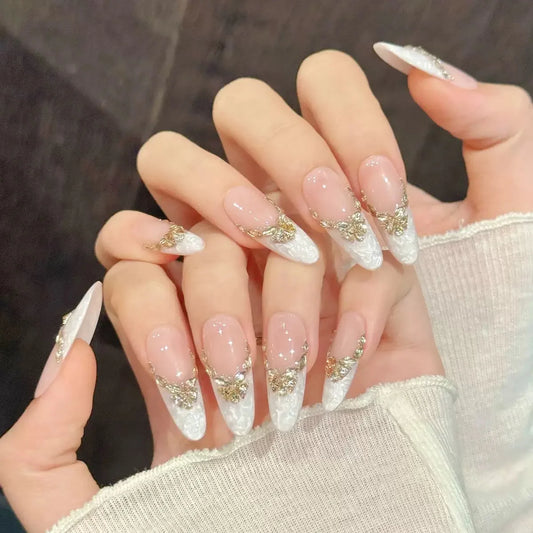 Handmade Press On Nails White Aurora French Almond – 10pcs Set Press-On Nail Set Peaceful Pleasures Health and Wellness XS 1